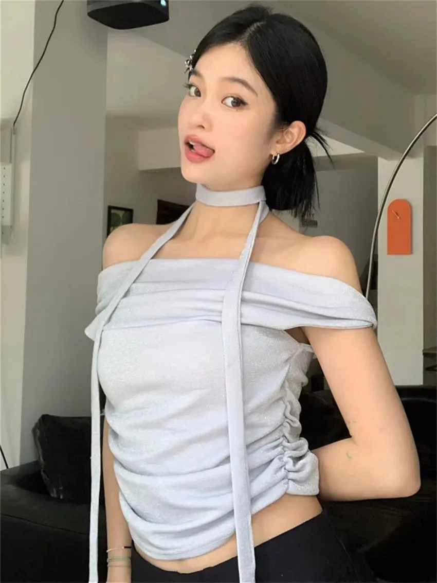 Girlary Hot Girls Women Party Chic Tees With Scarf New Daily Office Lady Night Club Solid OL Minimalist Sexy Short Sleeve