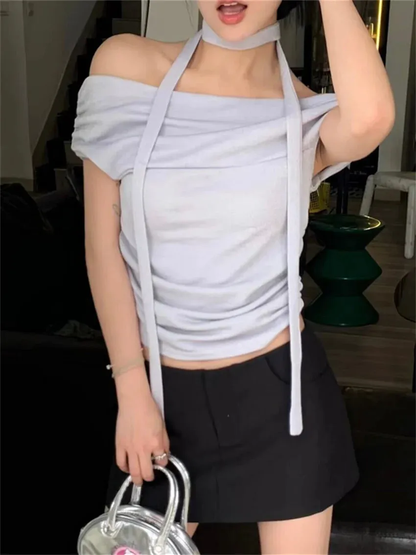 Girlary Hot Girls Women Party Chic Tees With Scarf New Daily Office Lady Night Club Solid OL Minimalist Sexy Short Sleeve