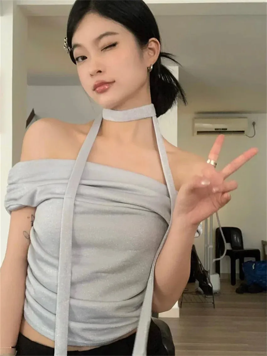 Girlary Hot Girls Women Party Chic Tees With Scarf New Daily Office Lady Night Club Solid OL Minimalist Sexy Short Sleeve