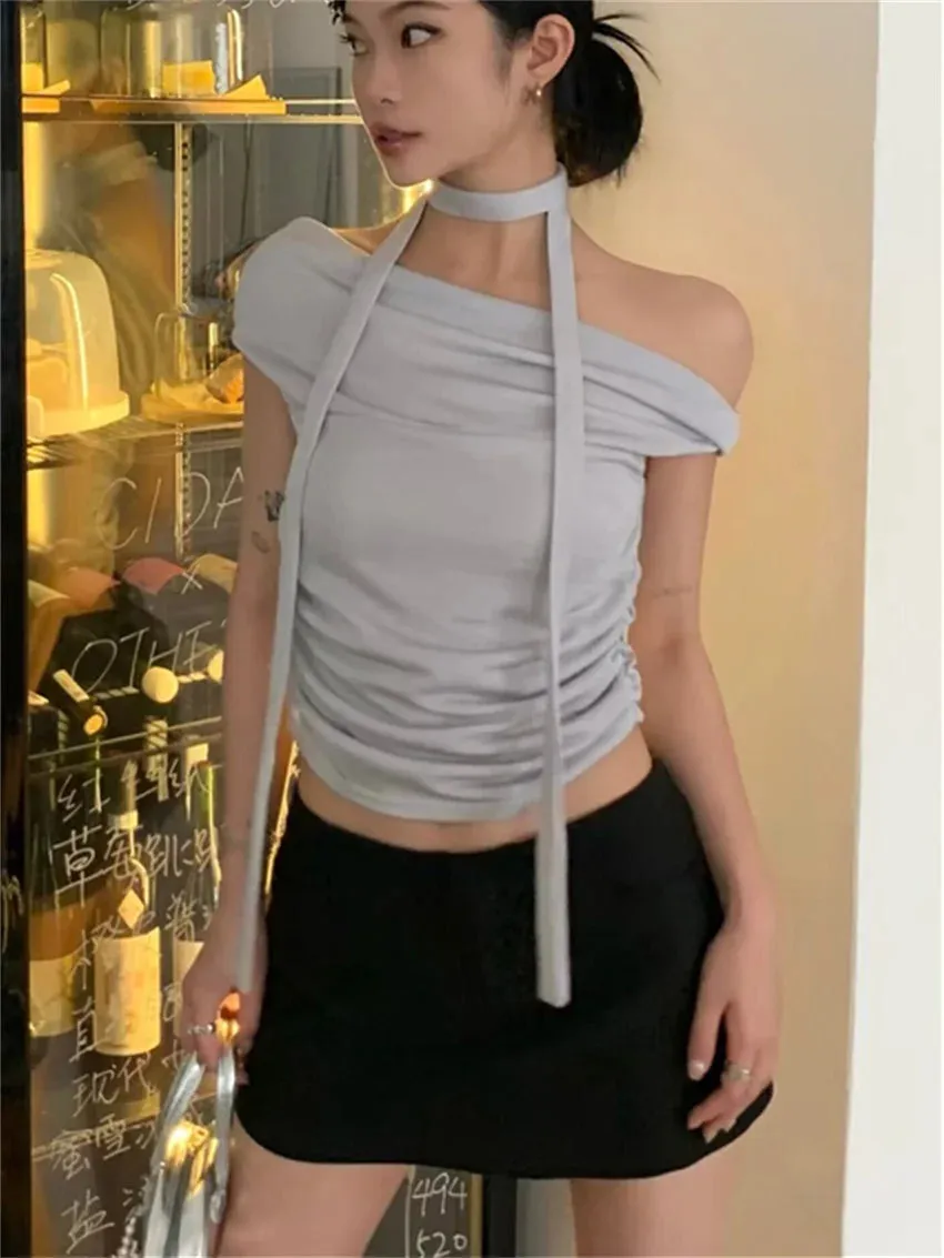 Girlary Hot Girls Women Party Chic Tees With Scarf New Daily Office Lady Night Club Solid OL Minimalist Sexy Short Sleeve