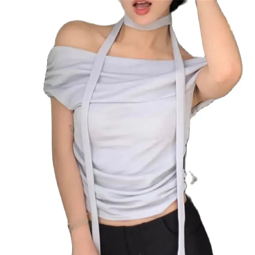 Girlary Hot Girls Women Party Chic Tees With Scarf New Daily Office Lady Night Club Solid OL Minimalist Sexy Short Sleeve