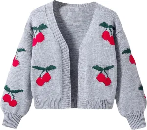 GORGLITTER Girl's Cherry Pattern Open Front Cardigan Long Sleeve Lightweight Knit Sweater Tops