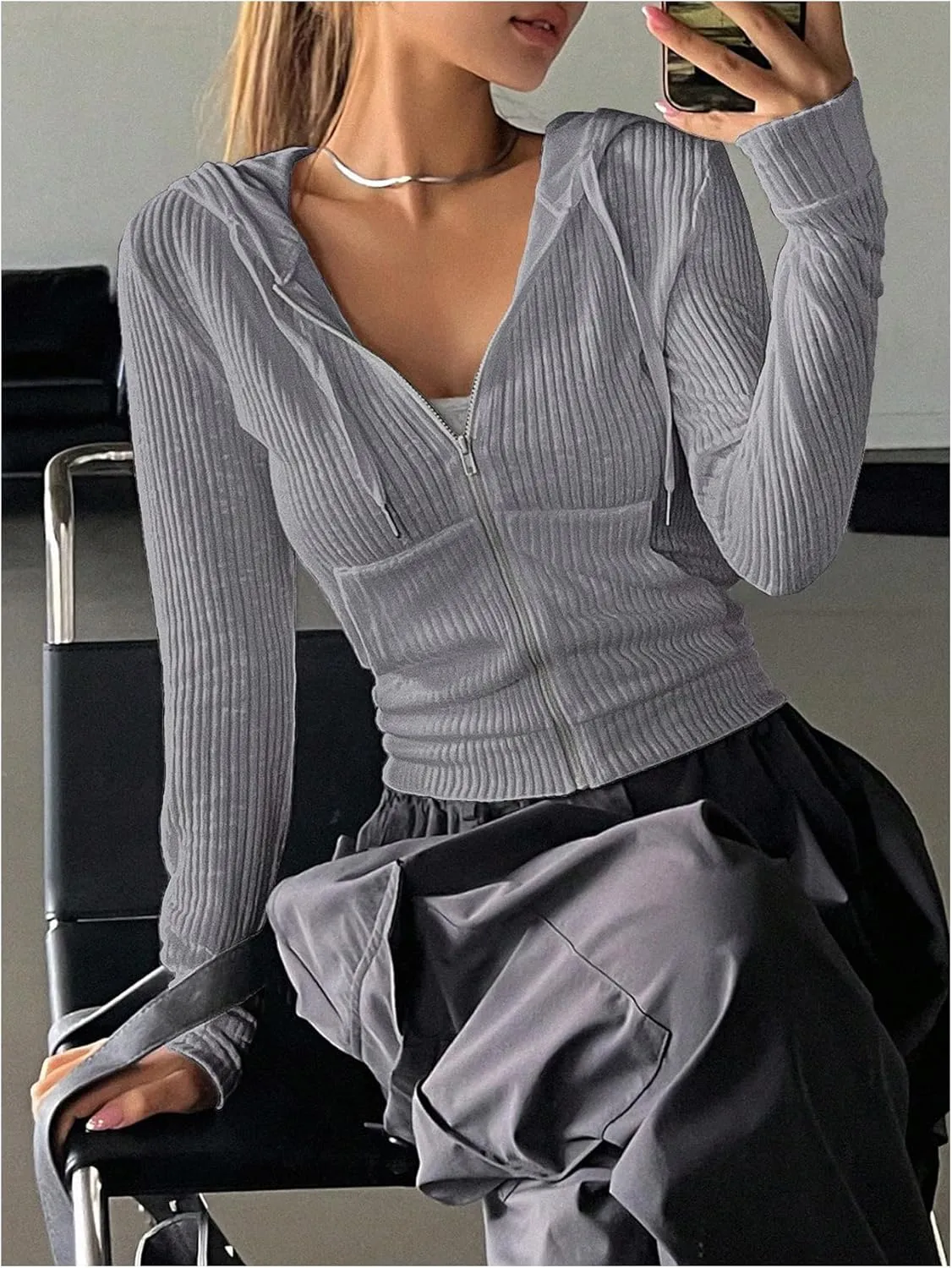 GORGLITTER Women's Lightweight Zip Up Hoodie Drawstring Long Sleeve Cropped Jacket