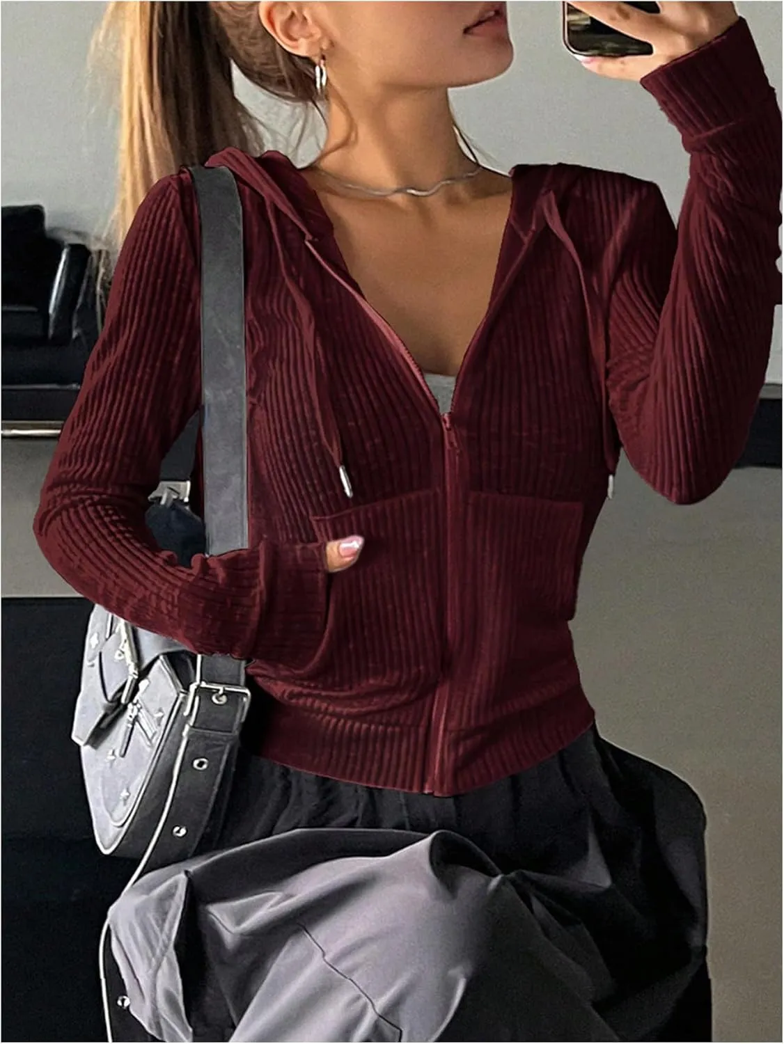 GORGLITTER Women's Lightweight Zip Up Hoodie Drawstring Long Sleeve Cropped Jacket
