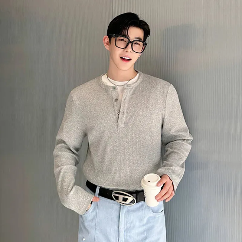 Korean Style Men's T-Shirt Summer Half Open Henry Collar Three-button Top Chic Tees Male Clothing Simple 9C5849