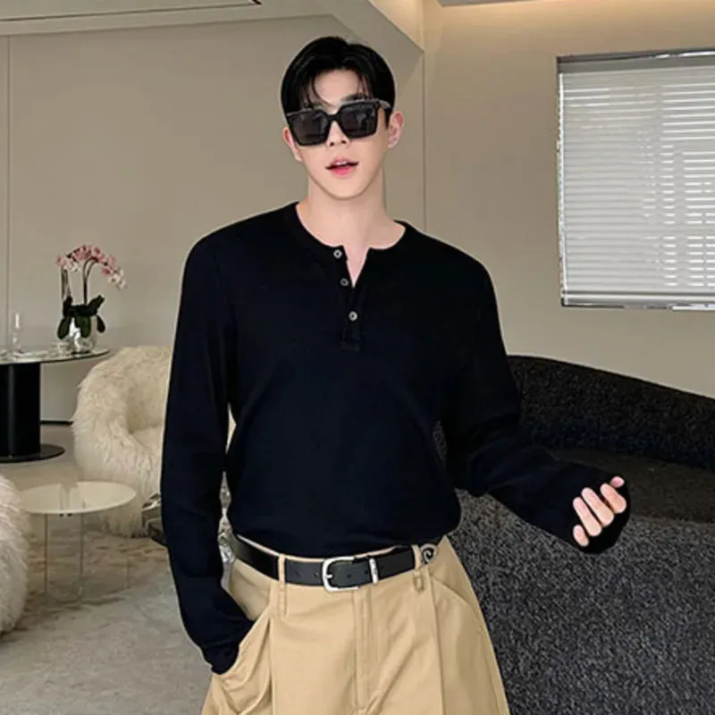 Korean Style Men's T-Shirt Summer Half Open Henry Collar Three-button Top Chic Tees Male Clothing Simple 9C5849