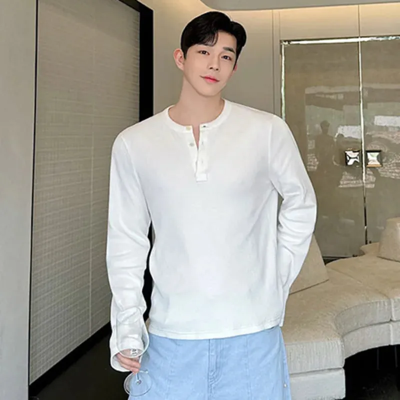 Korean Style Men's T-Shirt Summer Half Open Henry Collar Three-button Top Chic Tees Male Clothing Simple 9C5849