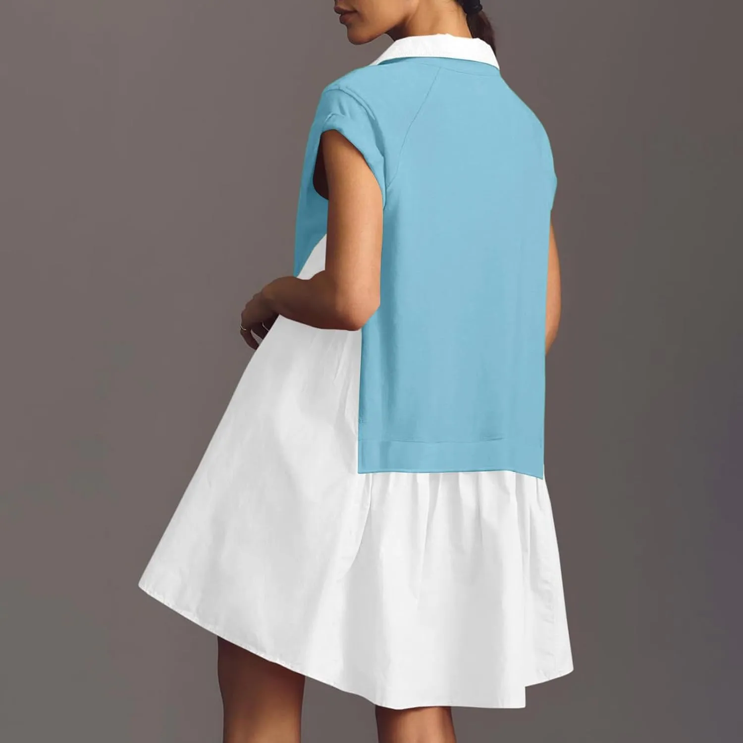 LEMONONSTORE Summer T Shirt Dress for Women Roll-Up Sleeve Ruffle Tunic Dress Button Lapel Neck Patchwork Party Mini Dresses