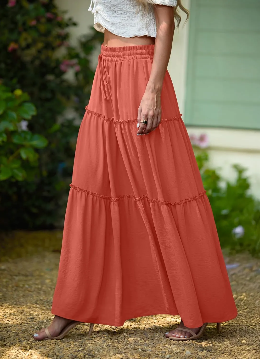 Lepunuo Womens Casual Boho High Waisted Flowy Maxi Skirts Trendy Floral Cute Long Skirts with Pockets