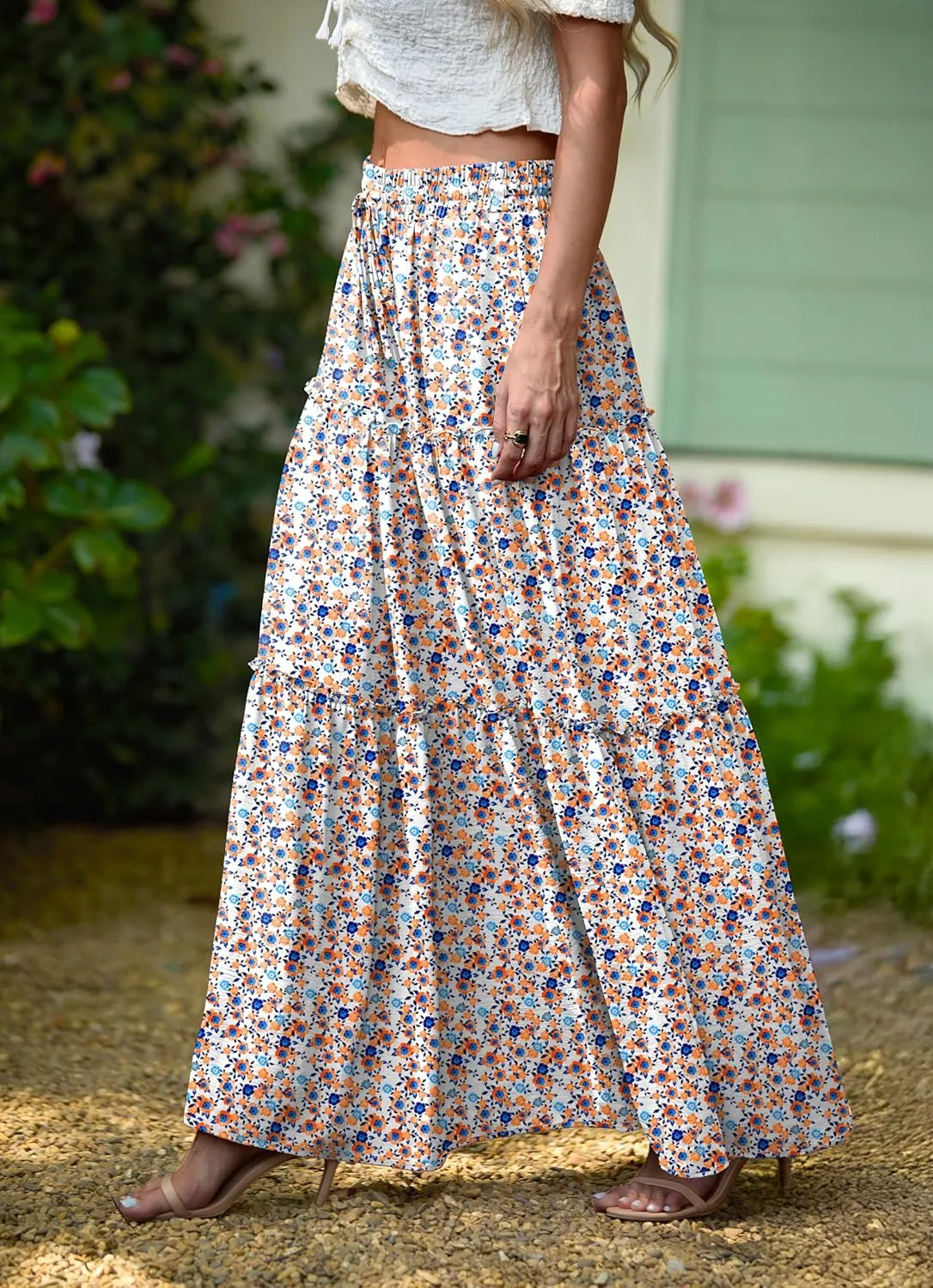 Lepunuo Womens Casual Boho High Waisted Flowy Maxi Skirts Trendy Floral Cute Long Skirts with Pockets