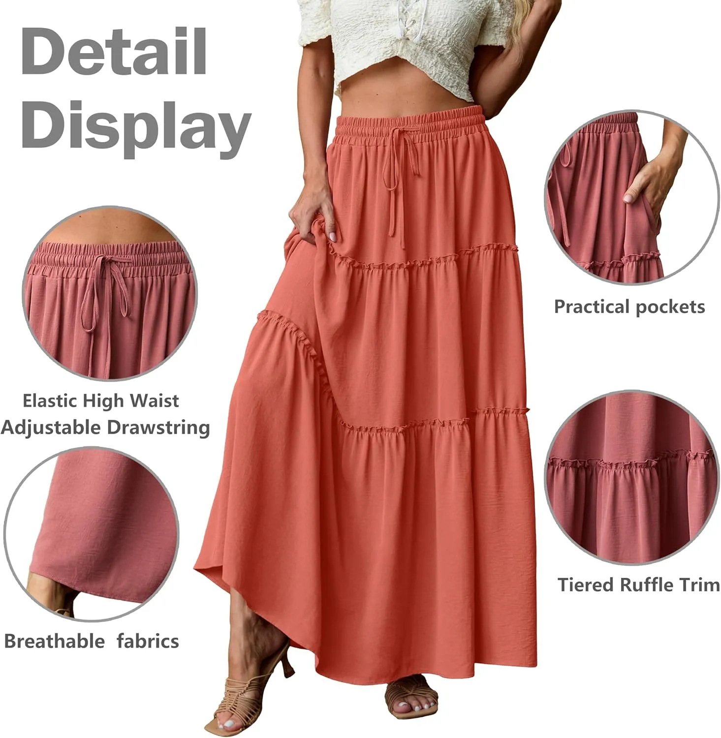 Lepunuo Womens Casual Boho High Waisted Flowy Maxi Skirts Trendy Floral Cute Long Skirts with Pockets
