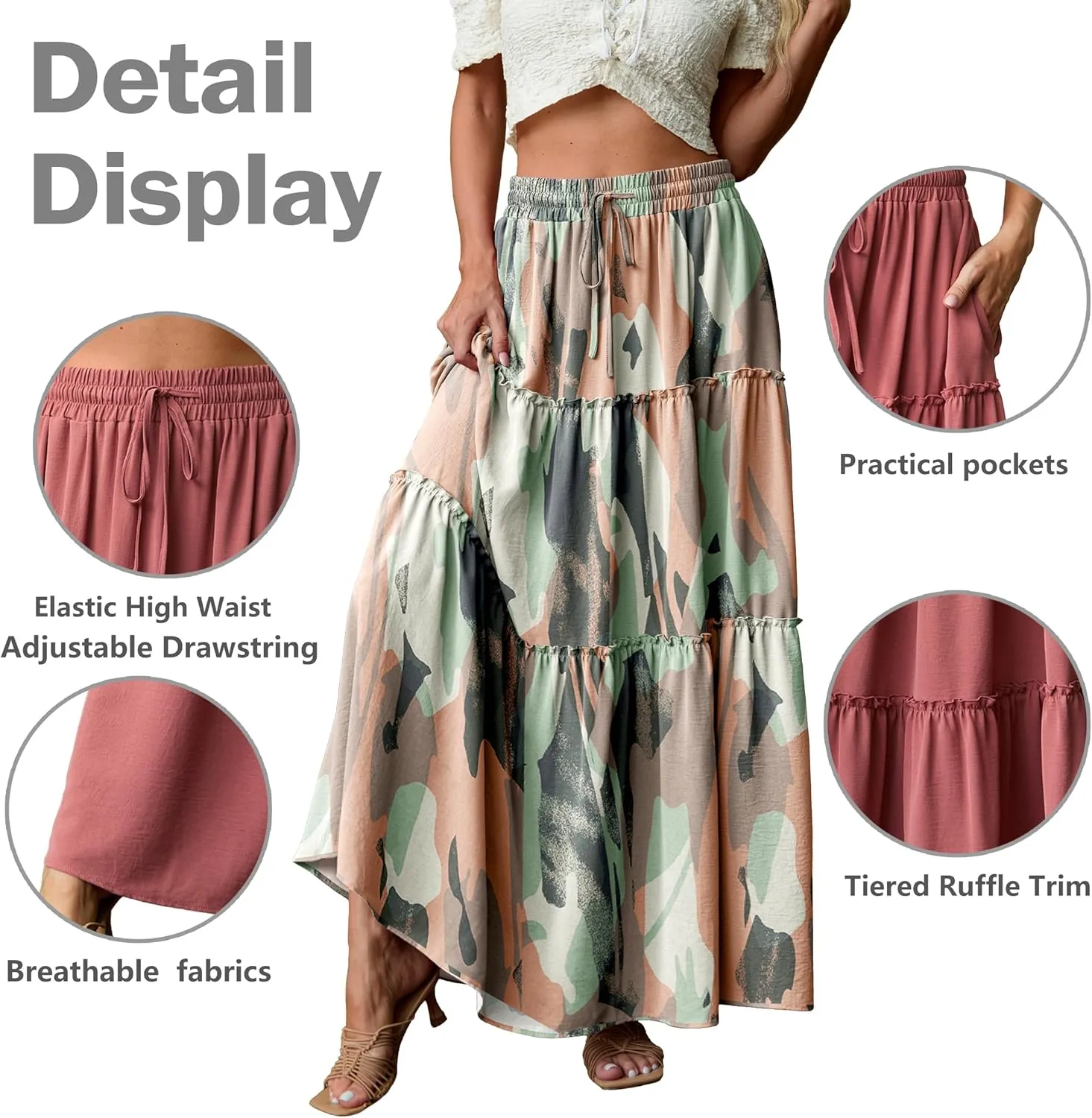 Lepunuo Womens Casual Boho High Waisted Flowy Maxi Skirts Trendy Floral Cute Long Skirts with Pockets