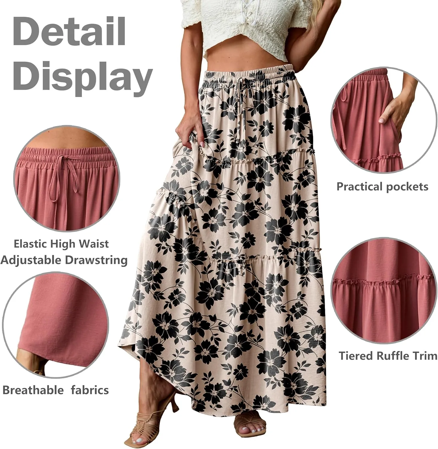 Lepunuo Womens Casual Boho High Waisted Flowy Maxi Skirts Trendy Floral Cute Long Skirts with Pockets