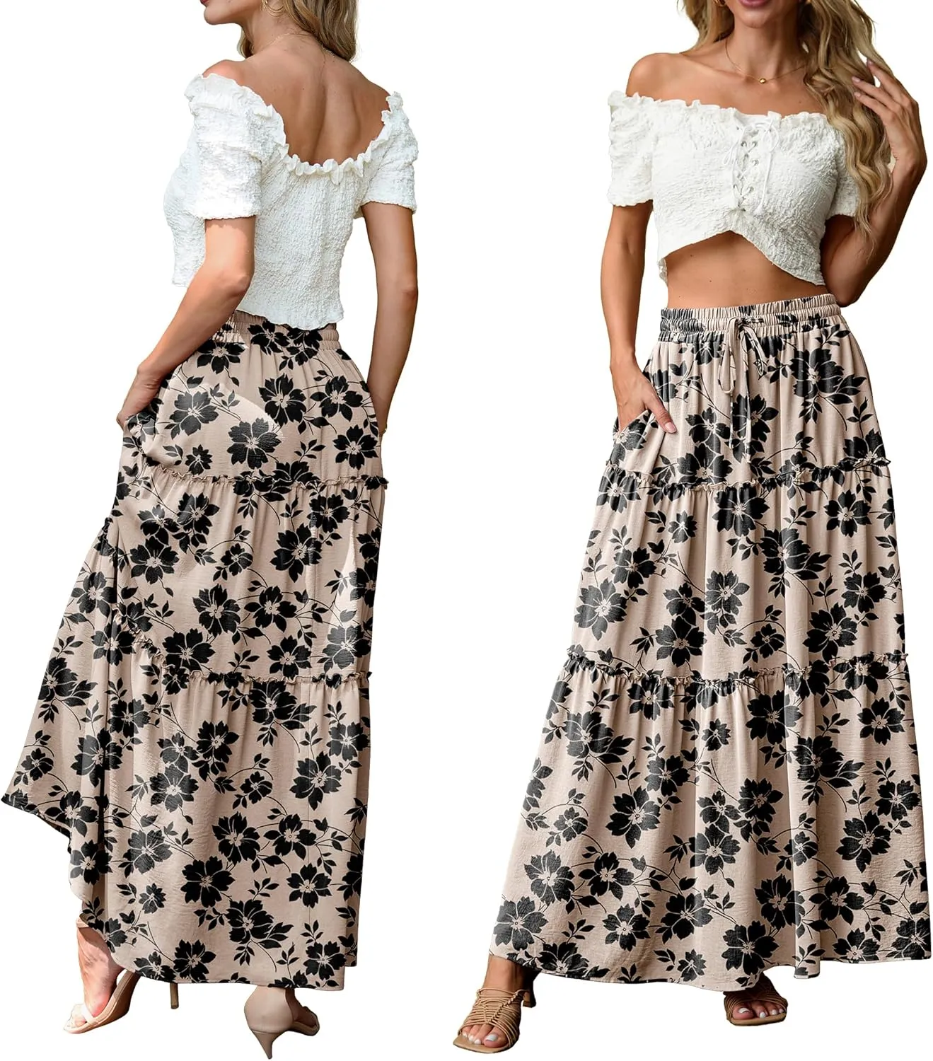 Lepunuo Womens Casual Boho High Waisted Flowy Maxi Skirts Trendy Floral Cute Long Skirts with Pockets
