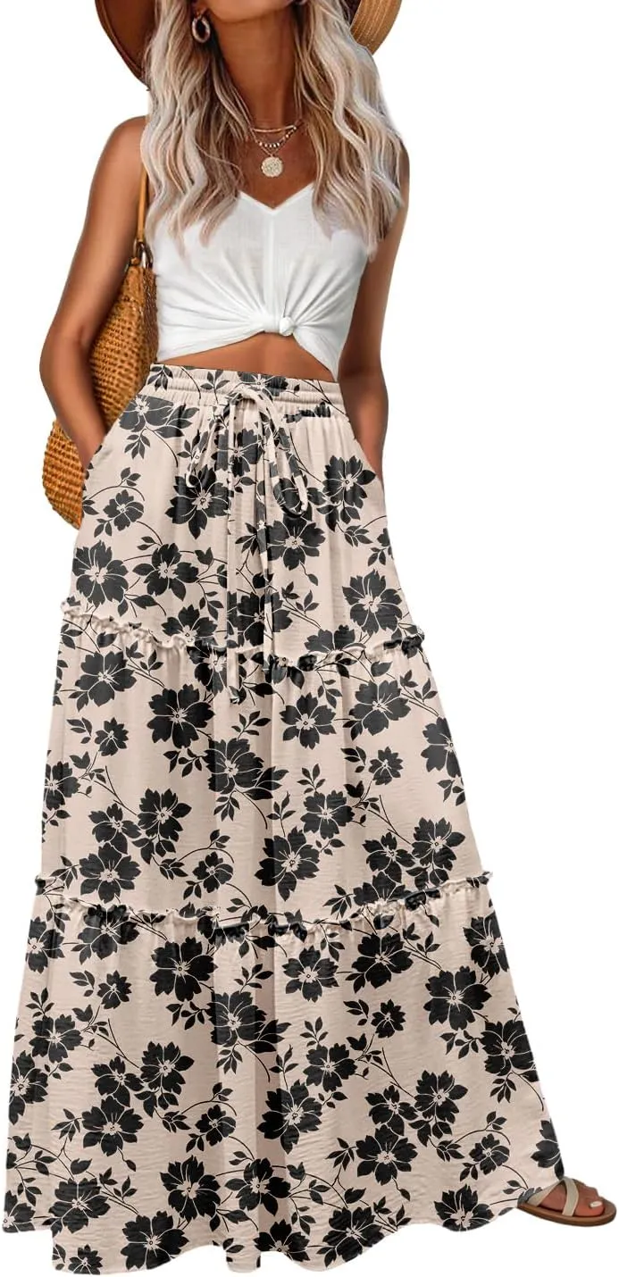 Lepunuo Womens Casual Boho High Waisted Flowy Maxi Skirts Trendy Floral Cute Long Skirts with Pockets