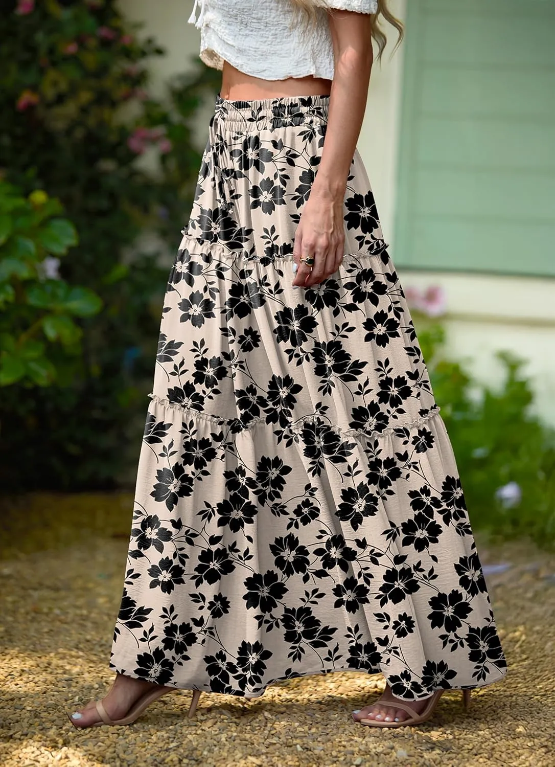 Lepunuo Womens Casual Boho High Waisted Flowy Maxi Skirts Trendy Floral Cute Long Skirts with Pockets
