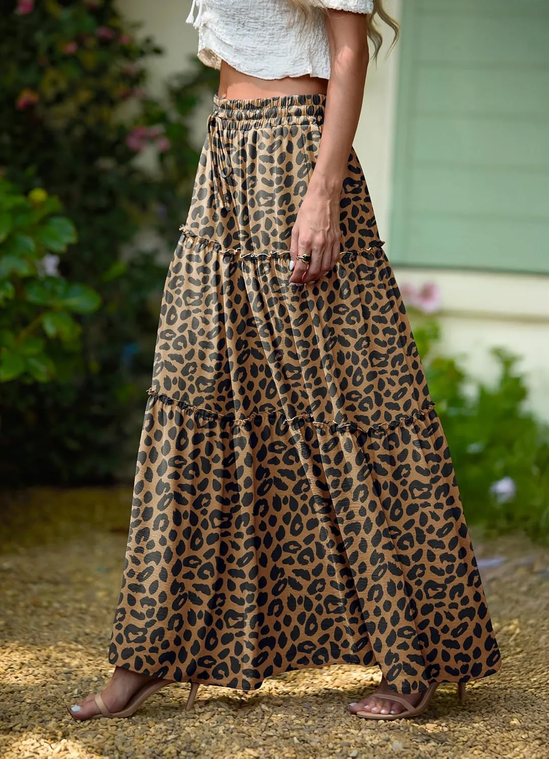 Lepunuo Womens Casual Boho High Waisted Flowy Maxi Skirts Trendy Floral Cute Long Skirts with Pockets