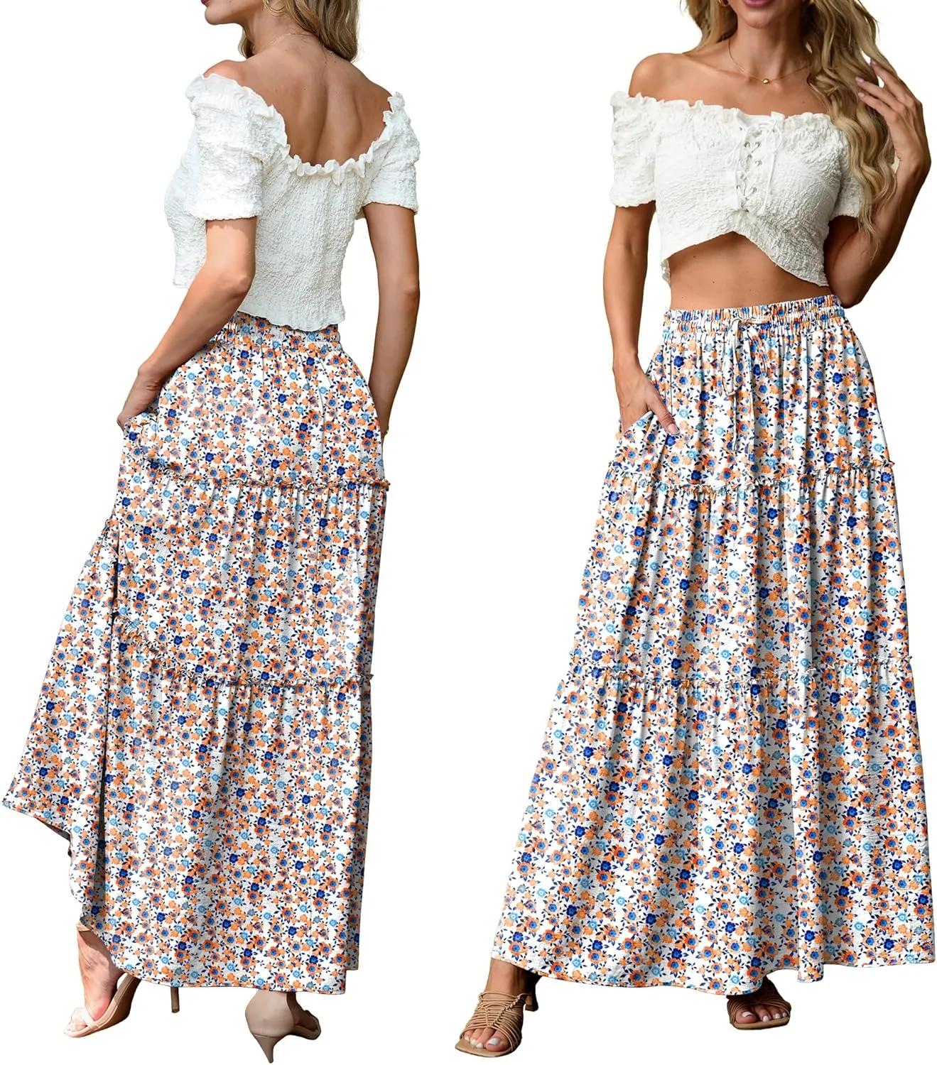Lepunuo Womens Casual Boho High Waisted Flowy Maxi Skirts Trendy Floral Cute Long Skirts with Pockets