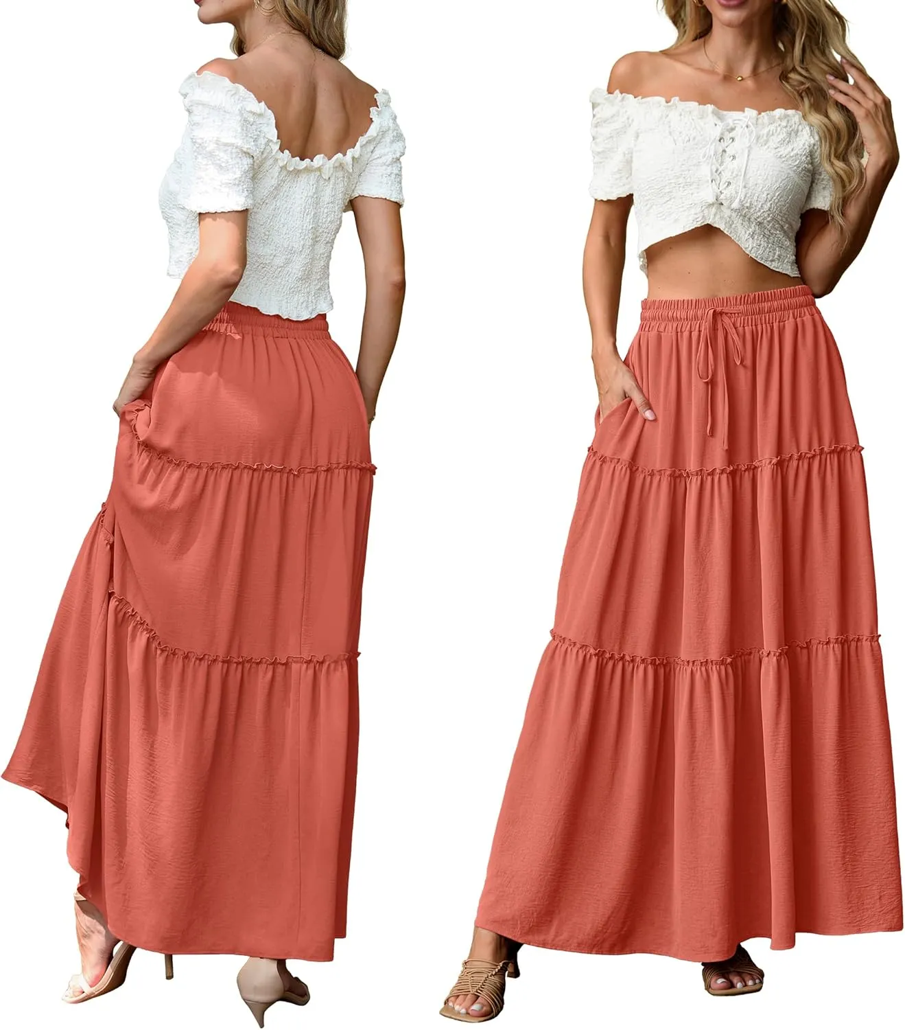Lepunuo Womens Casual Boho High Waisted Flowy Maxi Skirts Trendy Floral Cute Long Skirts with Pockets