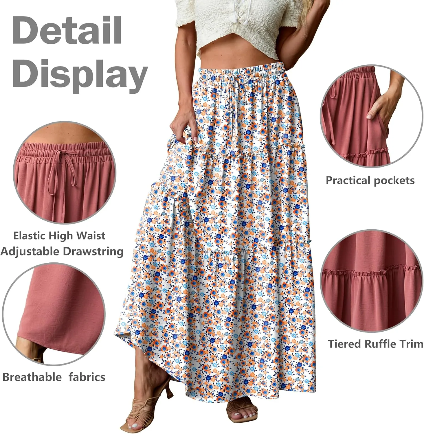 Lepunuo Womens Casual Boho High Waisted Flowy Maxi Skirts Trendy Floral Cute Long Skirts with Pockets