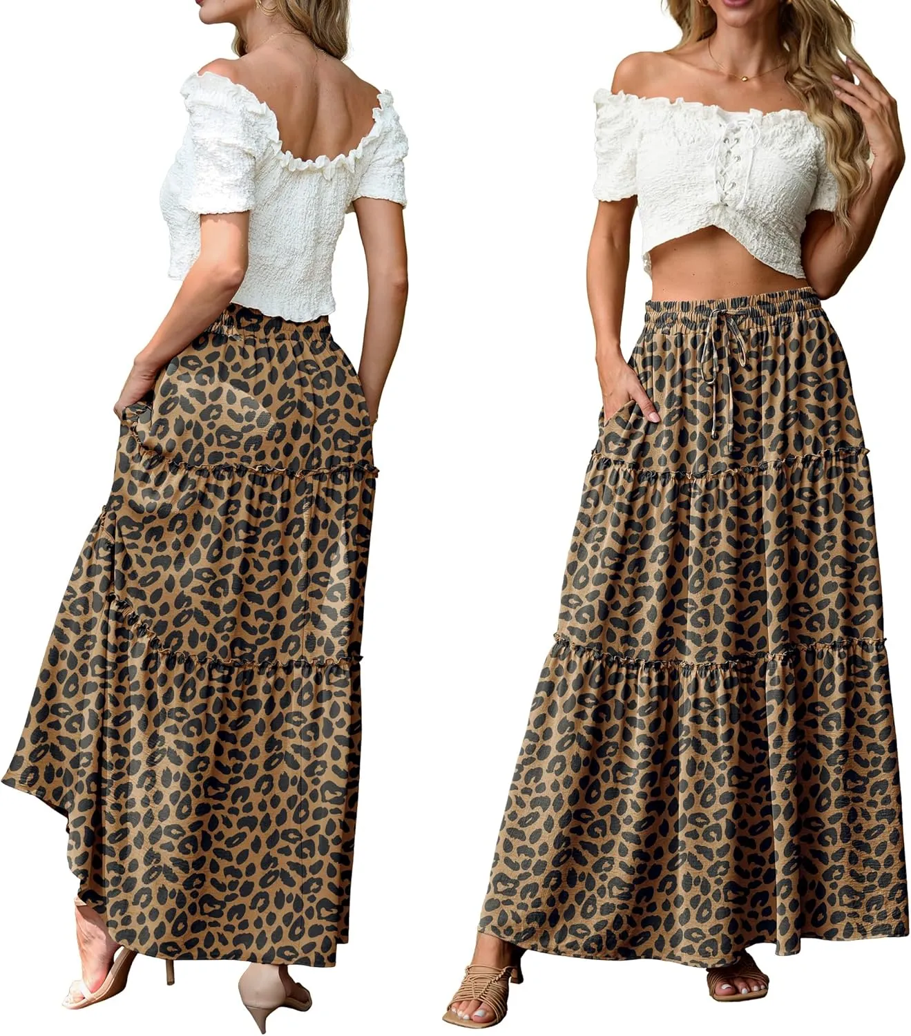 Lepunuo Womens Casual Boho High Waisted Flowy Maxi Skirts Trendy Floral Cute Long Skirts with Pockets