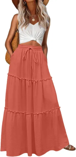 Lepunuo Womens Casual Boho High Waisted Flowy Maxi Skirts Trendy Floral Cute Long Skirts with Pockets