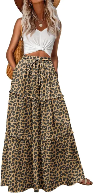 Lepunuo Womens Casual Boho High Waisted Flowy Maxi Skirts Trendy Floral Cute Long Skirts with Pockets