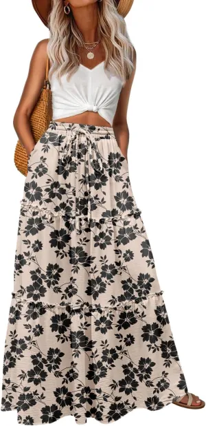 Lepunuo Womens Casual Boho High Waisted Flowy Maxi Skirts Trendy Floral Cute Long Skirts with Pockets