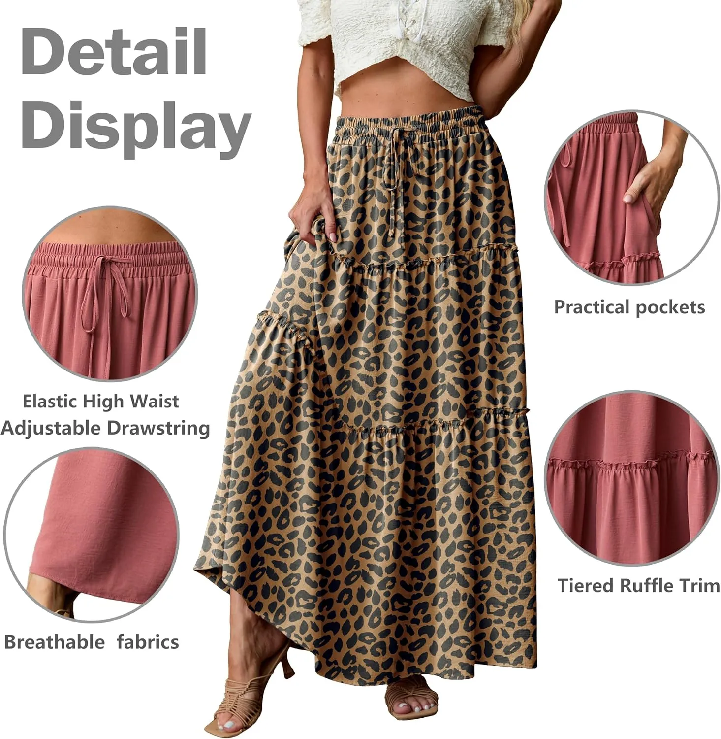 Lepunuo Womens Casual Boho High Waisted Flowy Maxi Skirts Trendy Floral Cute Long Skirts with Pockets