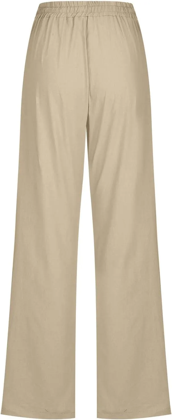Linen Pants for Women 2024 Summer Casual Drawstring Elastic High Waist Pants Wide Leg Long Trouser with Pockets