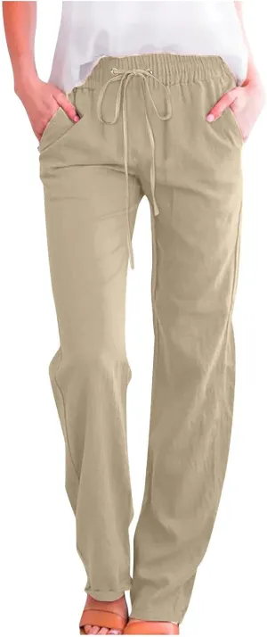 Linen Pants for Women 2024 Summer Casual Drawstring Elastic High Waist Pants Wide Leg Long Trouser with Pockets