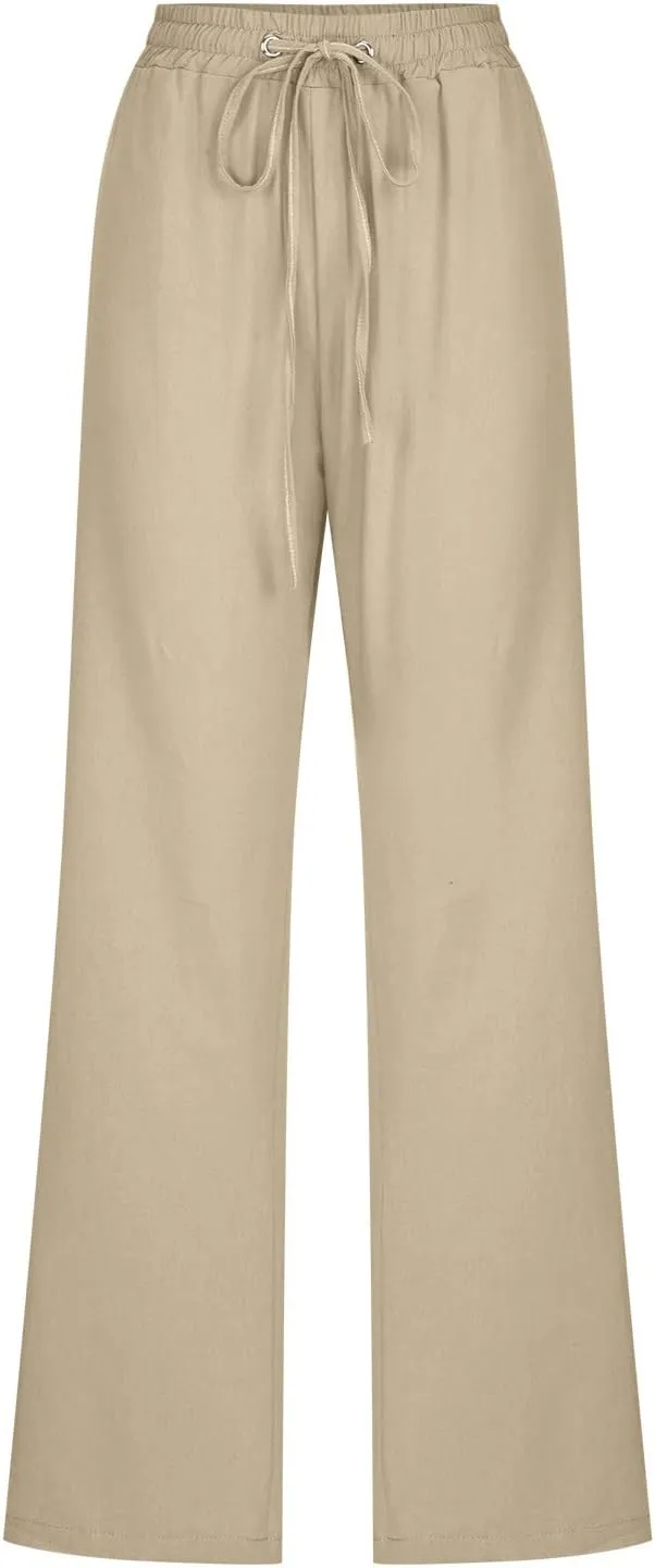 Linen Pants for Women 2024 Summer Casual Drawstring Elastic High Waist Pants Wide Leg Long Trouser with Pockets