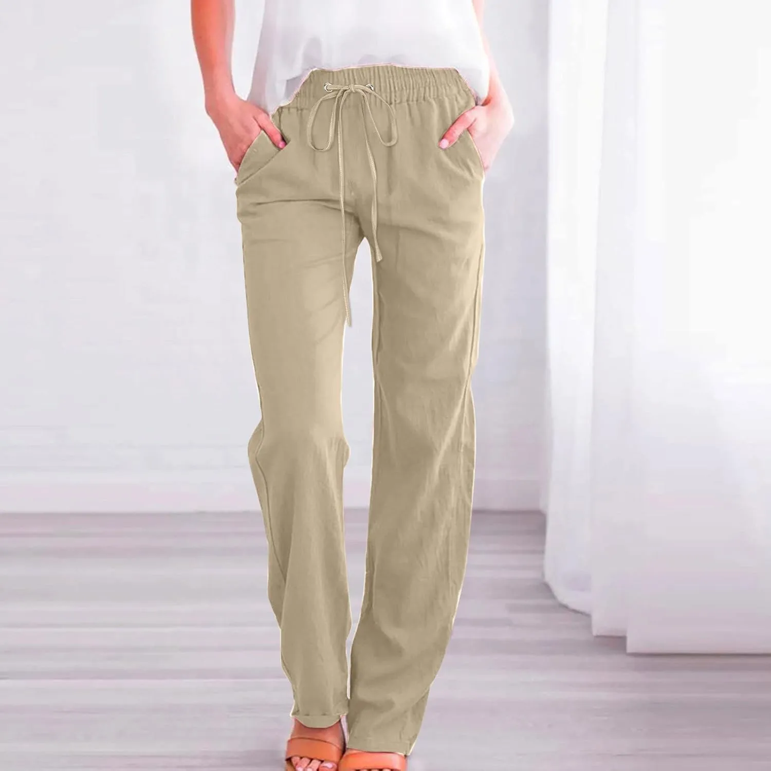 Linen Pants for Women 2024 Summer Casual Drawstring Elastic High Waist Pants Wide Leg Long Trouser with Pockets