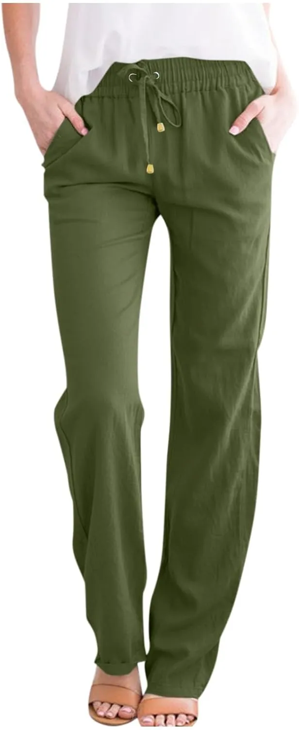 Linen Pants Women Summer Casual Lightweight Elastic High Waisted Work Pants Loose Fit Trouser Pants with Pockets