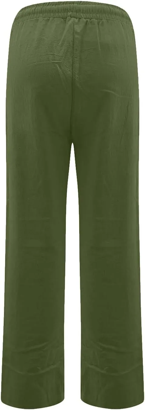 Linen Pants Women Summer Casual Lightweight Elastic High Waisted Work Pants Loose Fit Trouser Pants with Pockets