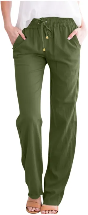 Linen Pants Women Summer Casual Lightweight Elastic High Waisted Work Pants Loose Fit Trouser Pants with Pockets