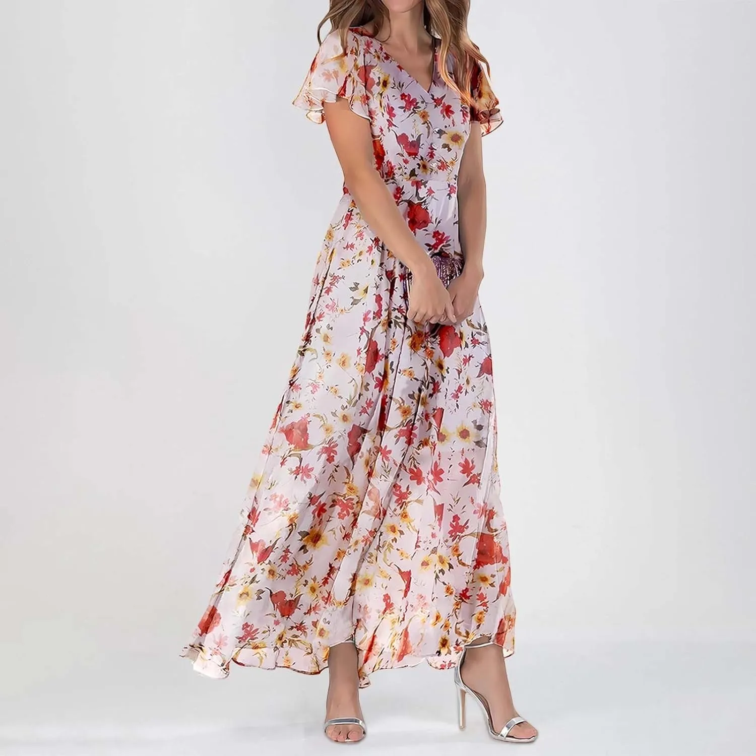 Long Floral Chiffon Dresses for Women Ruffle Cap Sleeve V Neck Flowy Pleated Sundress Summer Casual Dress 2025