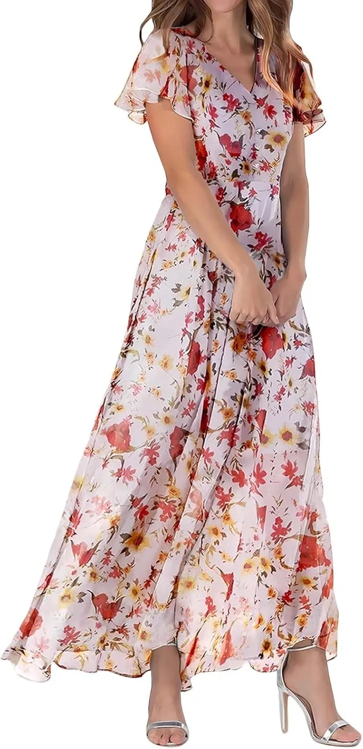 Long Floral Chiffon Dresses for Women Ruffle Cap Sleeve V Neck Flowy Pleated Sundress Summer Casual Dress 2025