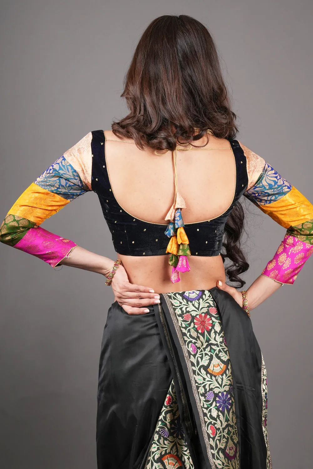 Midnight blue velvet blouse with rounded square neck and pure kanjivaram silk brocade  sleeves.
