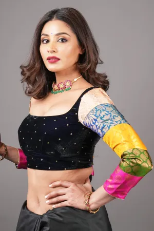 Midnight blue velvet blouse with rounded square neck and pure kanjivaram silk brocade  sleeves.
