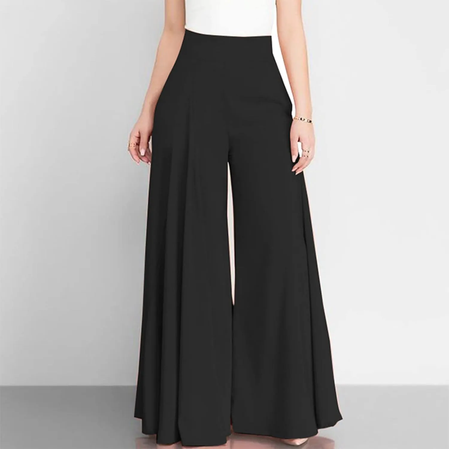 Miyaomn Trendy Flowy Pants for Women Casual High Waist Wide Leg Palazzo Pants Pleated Front Dress Trousers Plus Size Culottes