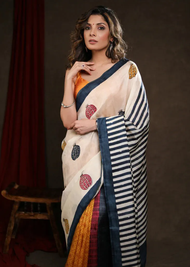 MULTICOLOR BLOCK PRINT PURE SILK SAREE