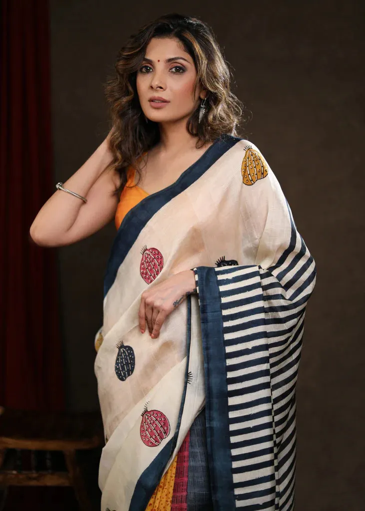 MULTICOLOR BLOCK PRINT PURE SILK SAREE