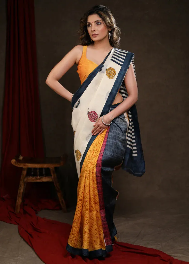 MULTICOLOR BLOCK PRINT PURE SILK SAREE