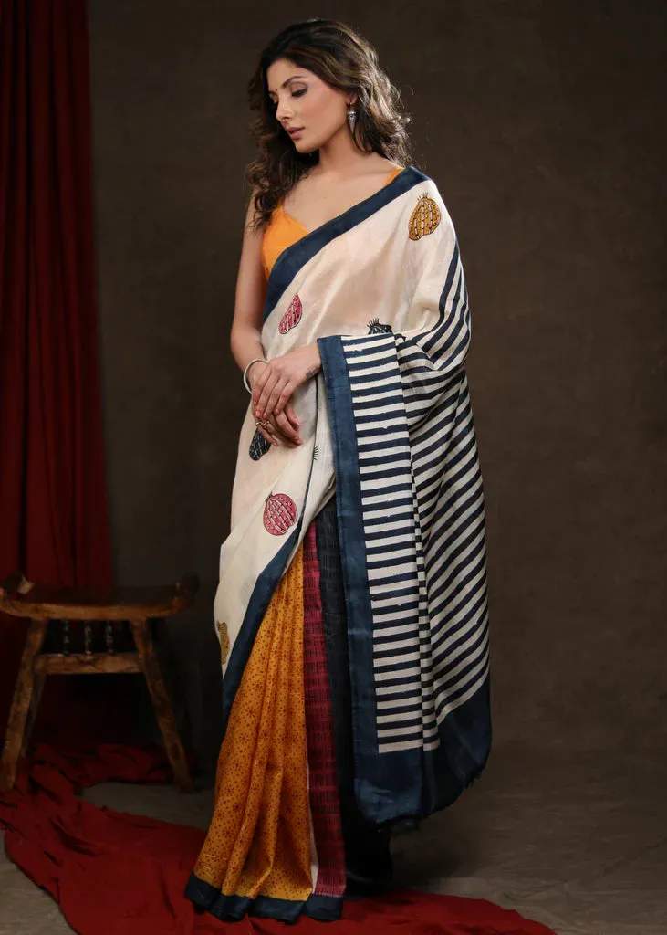 MULTICOLOR BLOCK PRINT PURE SILK SAREE