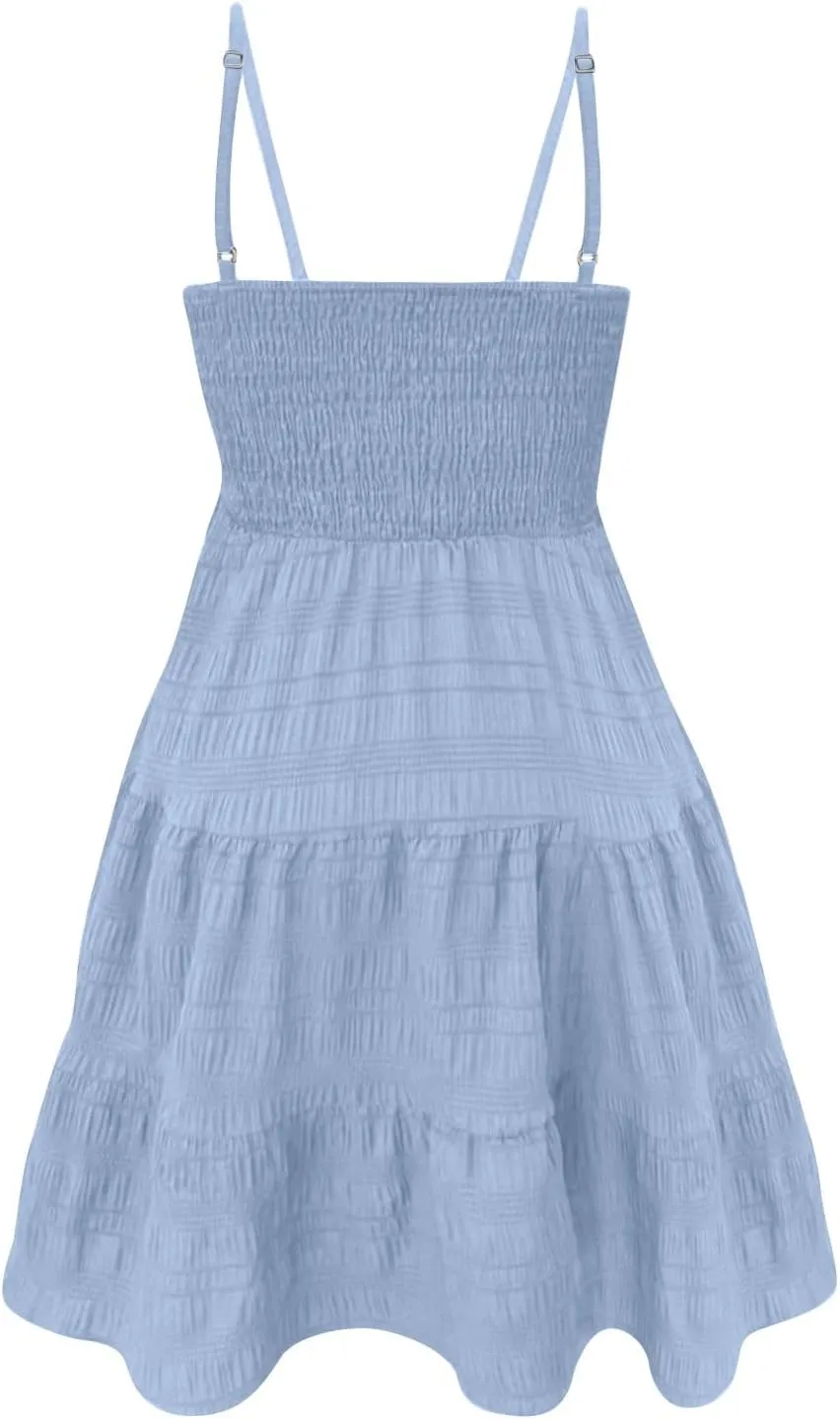 NBXNZWF Women Summer Dresses Square Neck Spaghetti Strap Dress Casual Sleeveless Ruched Bust A Line Tiered Beach Sundress