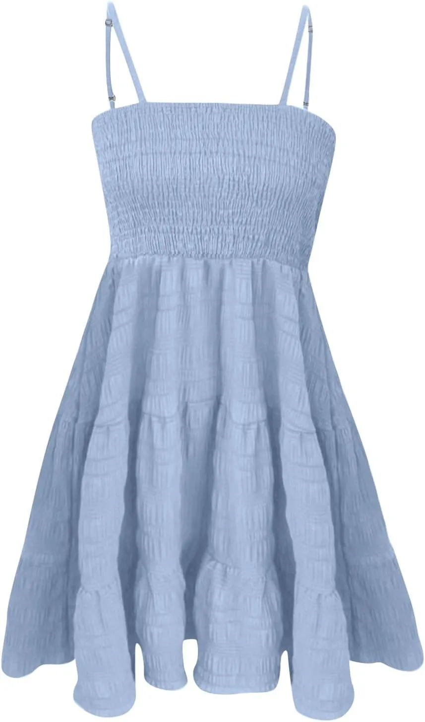 NBXNZWF Women Summer Dresses Square Neck Spaghetti Strap Dress Casual Sleeveless Ruched Bust A Line Tiered Beach Sundress