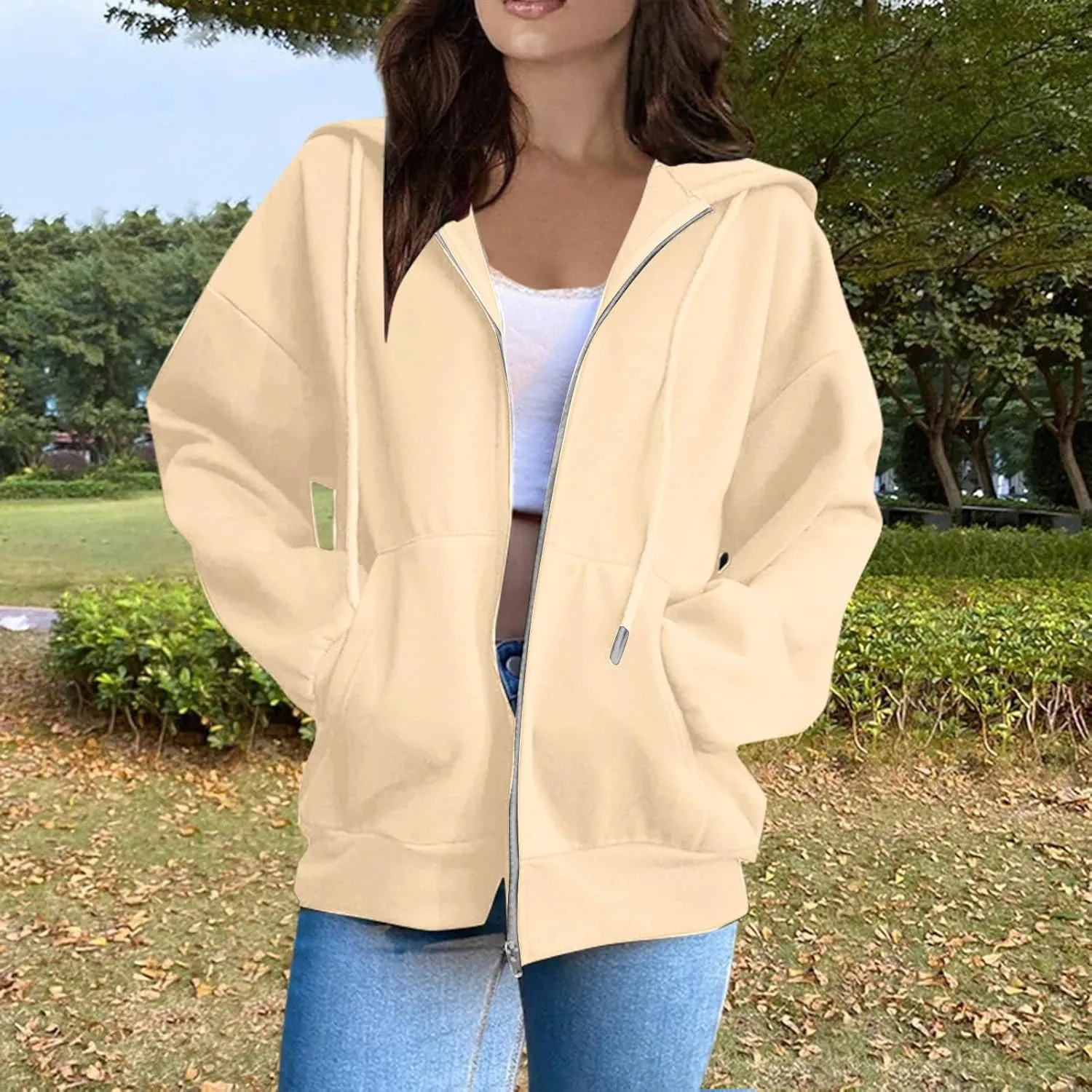 Oversized Hoodies for Women Cute Solid Color Drawstring Fashion Hoodies Loose Fit Zip Up Sweatshirt with Pocket