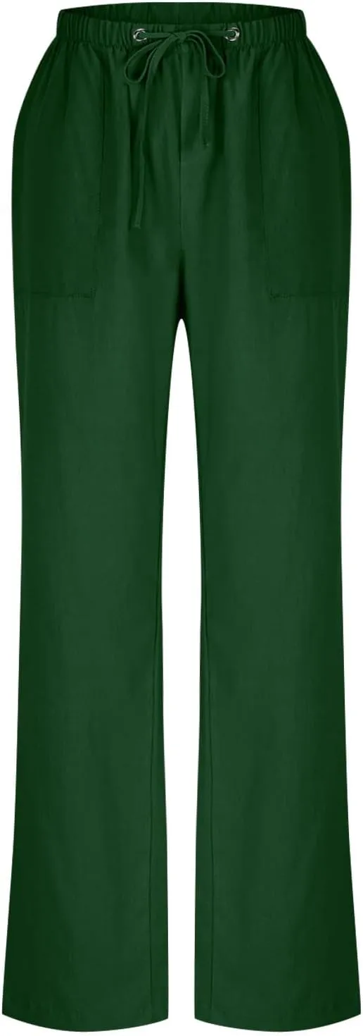 Plus Size Cotton Linen Pants Women Dressy Casual Elastic High Waisted Slacks Summer Trousers with Pockets