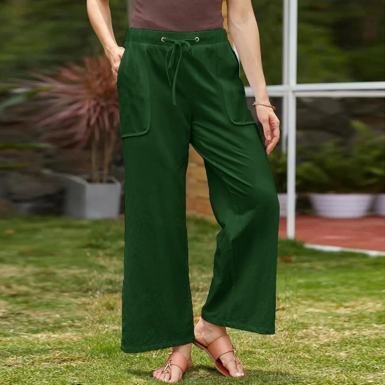 Plus Size Cotton Linen Pants Women Dressy Casual Elastic High Waisted Slacks Summer Trousers with Pockets